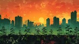 A city skyline with a large sun in the sky. The city is surrounded by a forest of green plants