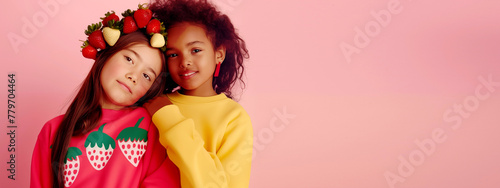 Photo of two mixed-race girls wearing bright sweatshirts and strawberry wreaths on their heads. photo