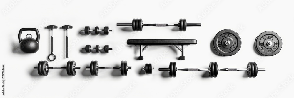 gym weights and training fitness equipment, athletic active workout body building, dumbbells, treadmill and boxing gloves, punch bag set icons isolated on white background.
