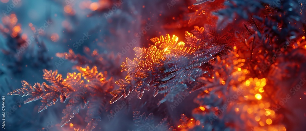 Glacial Glow: Fir leaves shimmer with hot and cold tones, resembling embers amidst an icy landscape.