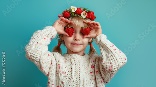 Photo of a blonde girl in a knitted sweater, with a strawberry wreath on her head, holding strawberries in her hands and covering her eyes with them.