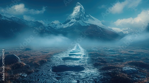 A double exposure of a soldier's footprints superimposed over a path leading towards a mountain peak, symbolizing the journey towards peace and the challenges that lie ahead.