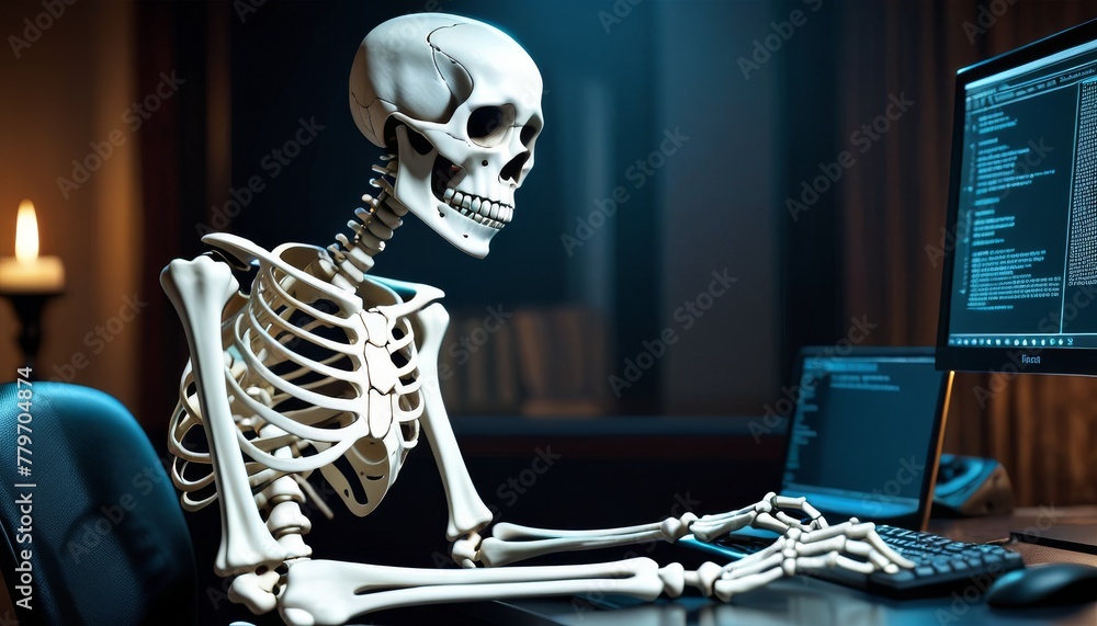 A conceptual scene with a skeleton at a desk, engaged in programming on a computer, symbolizing dedication beyond life. AI Generation A conceptual scene with a skeleton at a desk, engaged in programming on a computer, symbolizing dedication beyond life. AI Generation