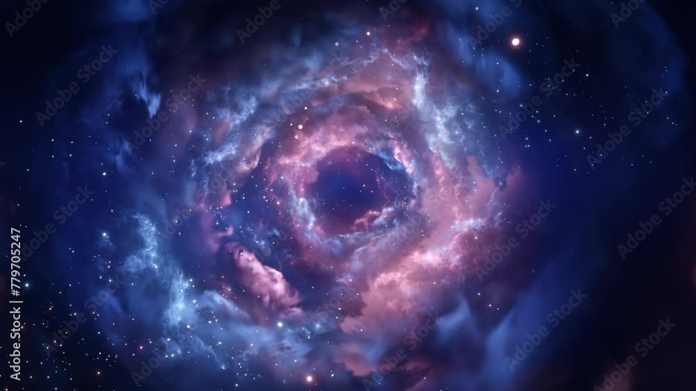 A vibrant nebula with swirling clouds of purple and blue gases and scattered stars, evoking the grandeur of the cosmos.