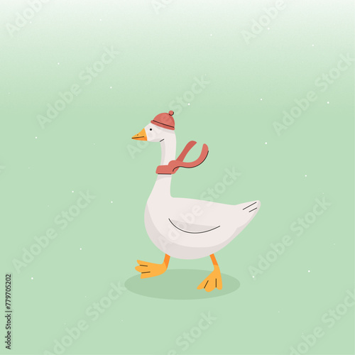 A fashionable goose in a hat and scarf walking under the snow (in vector)