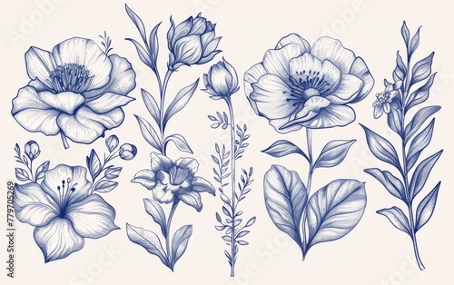 Hand drawn floral elements with sketchy style