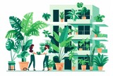 Illustration of woman with houseplants in concept of urban jungle in minimalist flat style. Exchange of green plants, sale of indoor flowers, space greening, love for nature, communication