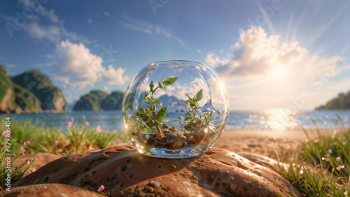 Transparent glass jar with green plant inside on the beach and beautiful sky background © AbdulRafay