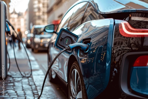 electric car on fast charging station in the urban landscape, electric vehicle concept