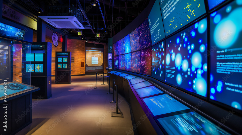 Interactive exhibit space with illuminated displays and informative screens in a museum.