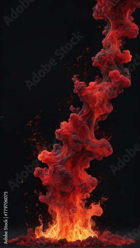Vivid red smoke rises fiercely, creating a scene reminiscent of volcanic activity with a dramatic and fiery aesthetic © ArtistiKa