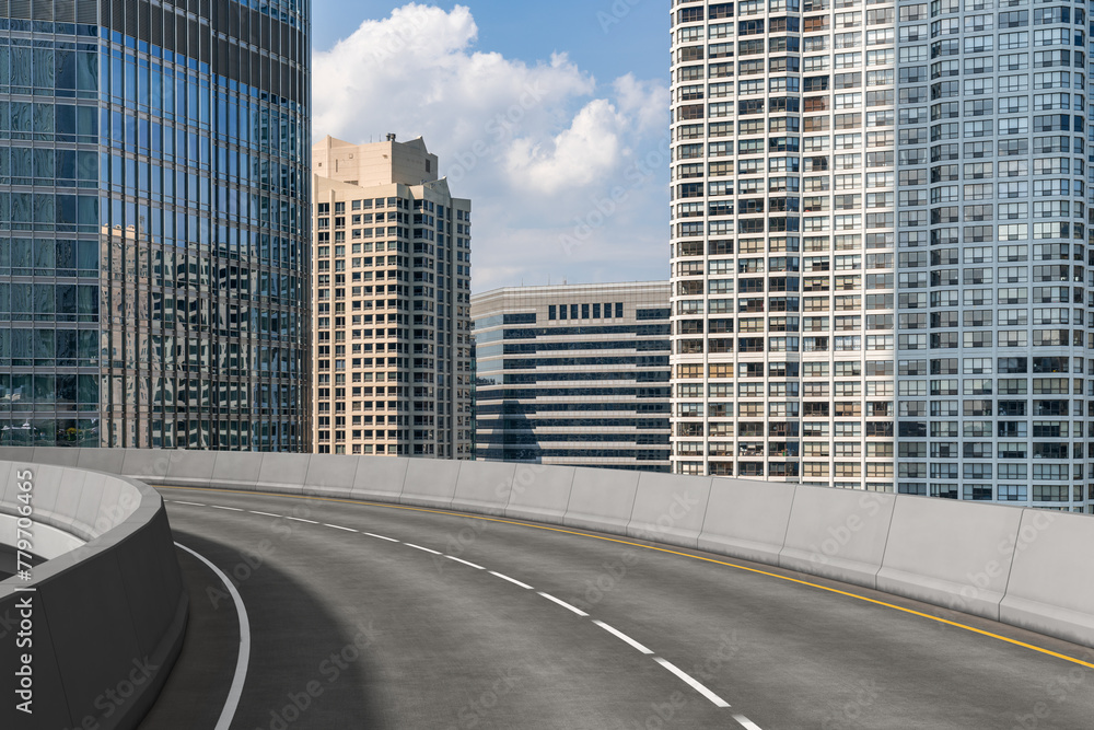 Fototapeta premium Empty urban asphalt road exterior with city buildings background. New modern highway concrete construction. Concept of way to success. Transportation logistic industry fast delivery. Chicago. USA.