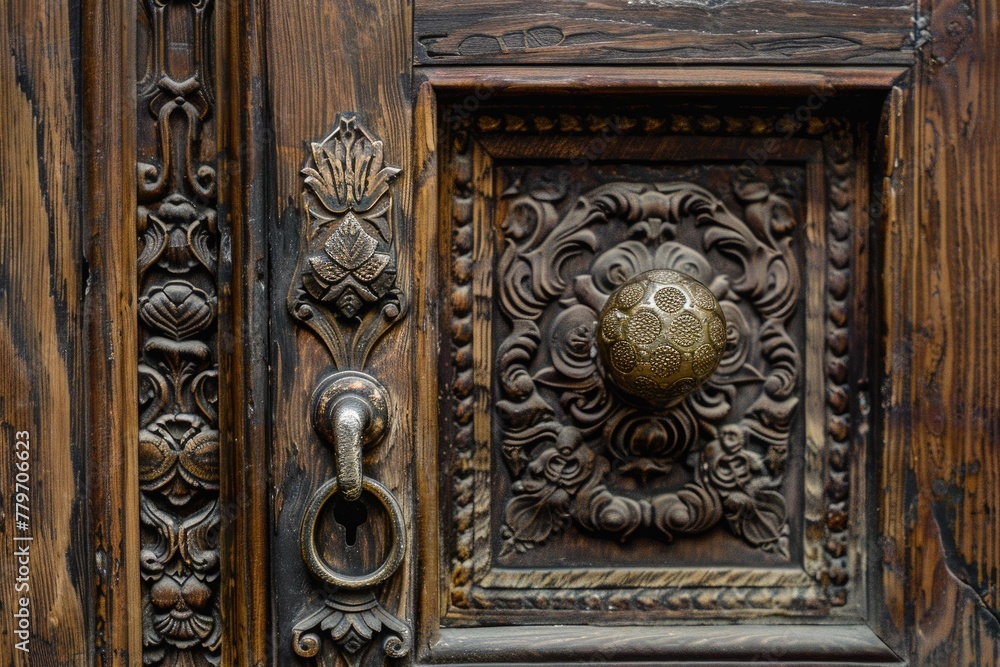 wooden door with carvings close up