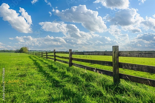 wooden fence bordering a green field with green grass, blue sky