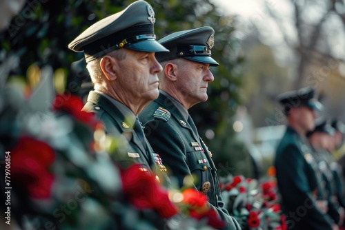 men in uniform standing for a minute of silence on memorial day photo