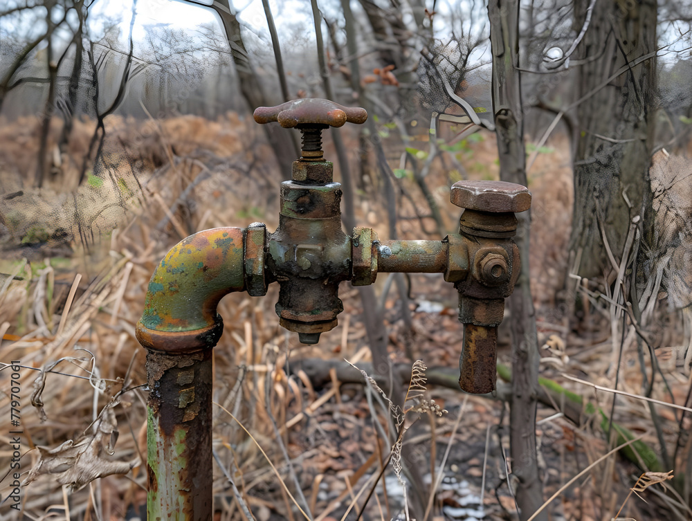 Focused view of rustic and rusty faucet in rural setting - Ai generated