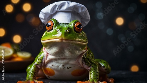 A chef frog poses with a bowl of caviar and lemons  surrounded by warm ambient light that highlights the luxury and fine dining elements