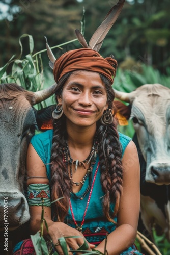 Portrait of a young indigenous woman rancher with her cows