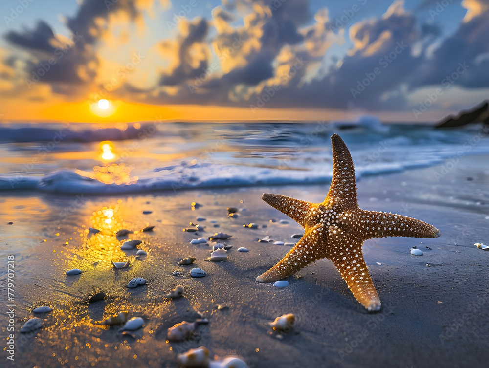 Starfish on shoreline with sunset over tropical horizon - Ai Generated Starfish on shoreline with sunset over tropical horizon - Ai Generated