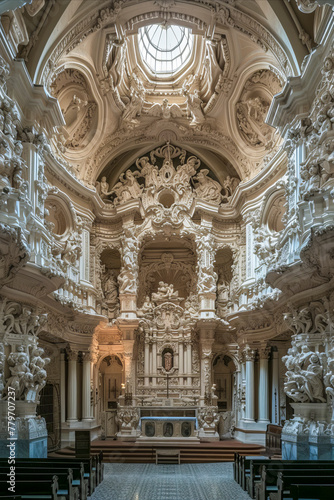 A grand, intricately designed interior of a baroque style church with elaborate sculptures and a magnificent dome