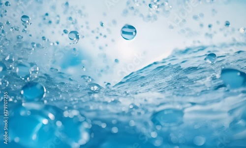 Water surface texture with bubbles and splashes that is defocused blurring transparent blue in color. Trendy abstract background of nature 4K Video photo