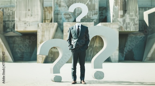 A person in a suit with a question mark instead of a head, symbolizing uncertainty. photo