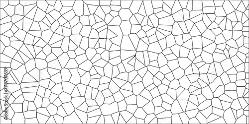 Abstract White Colored Broken Stained-Glass Geometric Retro Tiles Pattern w Black Lines & Quartz Crystal Voronoi Diagram Background for Website, Fabric Printing, Brochures, Luxury/Premium Packaging