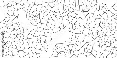 Abstract White Colored Broken Stained-Glass Geometric Retro Tiles Pattern w Black Lines & Quartz Crystal Voronoi Diagram Background for Website, Fabric Printing, Brochures, Luxury/Premium Packaging