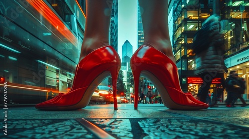 A ground-level view between red high heels, showing a busy city street at dusk.