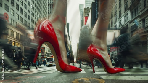 An artistic view of red high heels crossing a busy urban street.