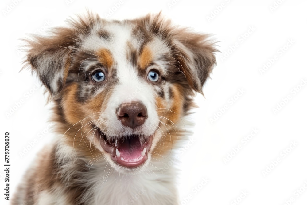 Red merle Australian shepherd puppy five months old alone and happy