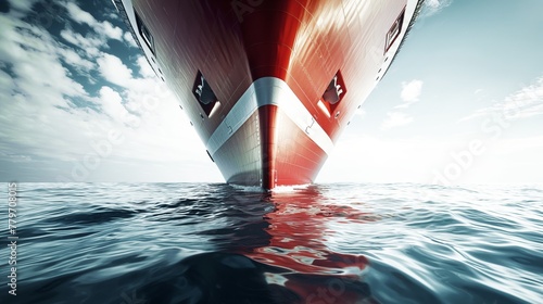 Low angle view of a large ship's bow above calm ocean waters. photo