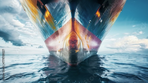 A large ship's bow seen from a low angle on a cloudy ocean horizon. photo