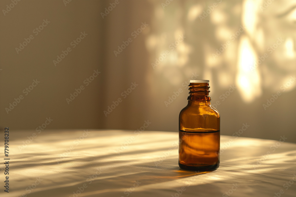 A bottle of aromatherapy essential oil on a table with copy space - obrazy, fototapety, plakaty 
