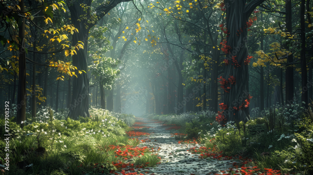 Nature Scene, Tranquil forest pathway surrounded by lush greenery and colorful leaves.