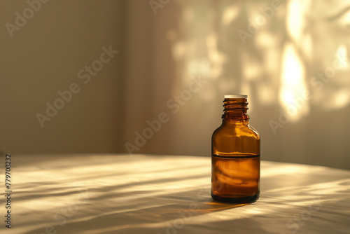 A bottle of aromatherapy essential oil on a table with copy space © Madeleine Steinbach