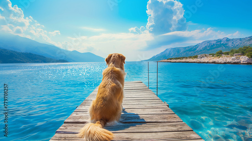 Cute golden retriever dog sitting on a swimming pier at the Mediterranean sea, looking at the water and waiting