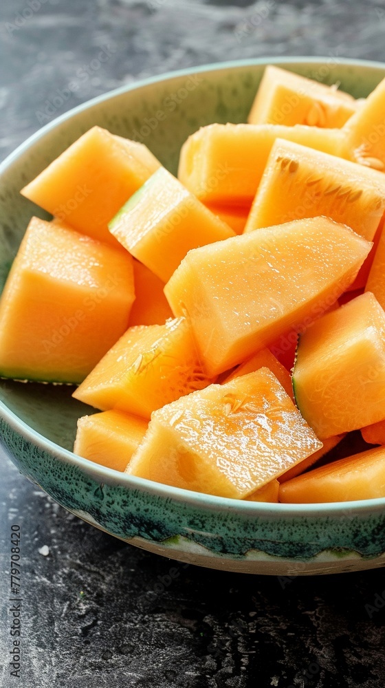 Cantaloupe, cubed in a bowl, birdseye, sweet, bright morning light , low texture