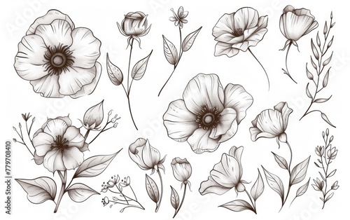 Hand drawn floral elements with sketchy style