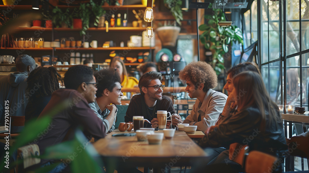 Photograph of diverse ethnicity group of young men and women in a coffee shop . Model photography.