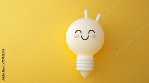 A cute anthropomorphic light bulb with a smiling face on a yellow background. photo