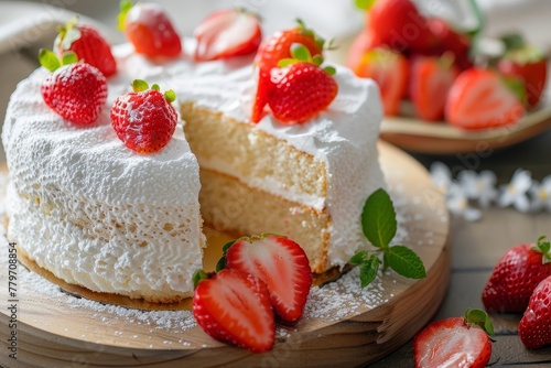 Soft strawberry chiffon cake on wooden plate