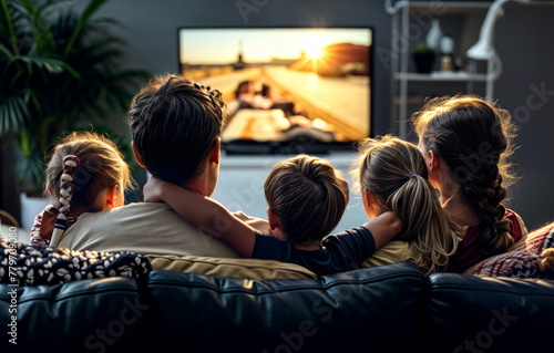 back view of a family watching tv created with Generative AI technology