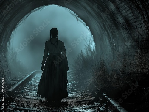 A woman is walking down a train track in the dark. Scene is eerie and unsettling