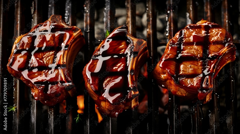 Juicy barbecued ribs with a glaze cooking on a flaming grill - obrazy, fototapety, plakaty 