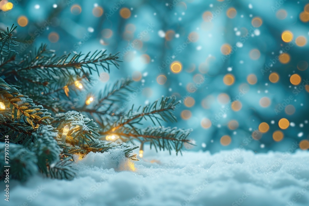 Weihnachtlicher Schnee Hintergrund mit Tannenzweigen und Lichtern 