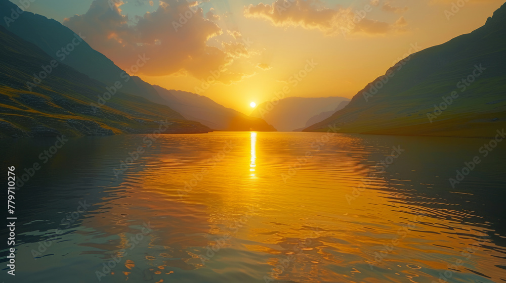 Nature Landscape, Sunset over serene lake with mountains reflecting golden light