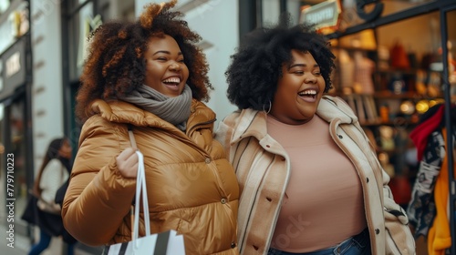 Two joyful women on a shopping trip  laughing and enjoying the day outdoors.