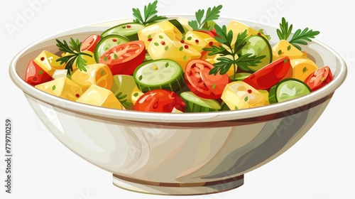 Colorful Bowl of Refreshing Potato Salad with Fresh Vegetables and Herbs