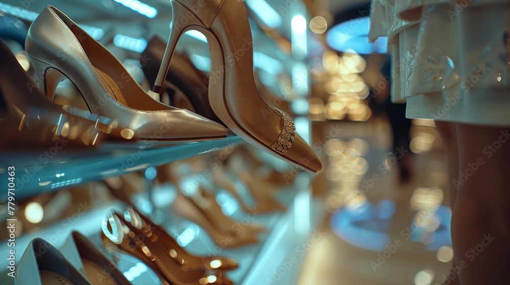 A close-up of a woman's hands as she holds a pair of elegant high-heeled shoes. The background is softly blurred but indicates a luxurious shoe store with shelves of various stylish footwear - obrazy, fototapety, plakaty 